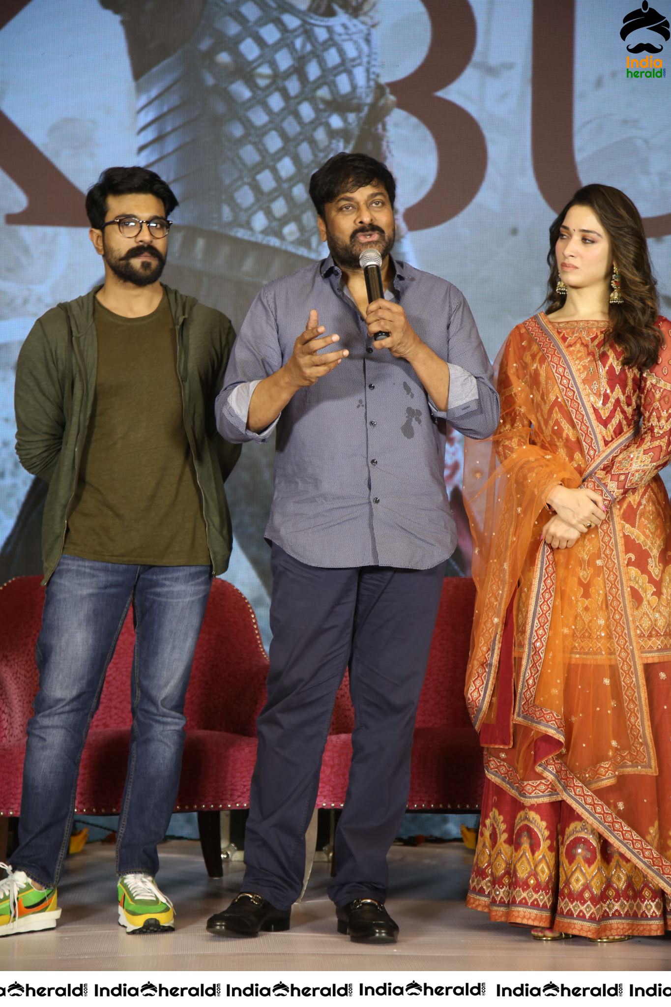 Chiranjeevi Tamanna and Ram Charan from the stage of Sye Raa Thank You Meet Set 3