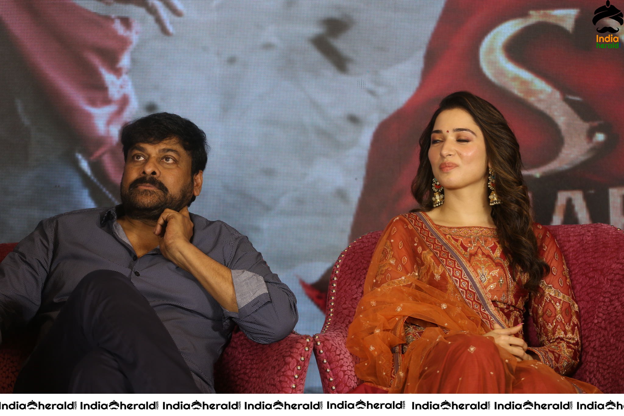 Chiranjeevi Tamanna and Ram Charan from the stage of Sye Raa Thank You Meet Set 3