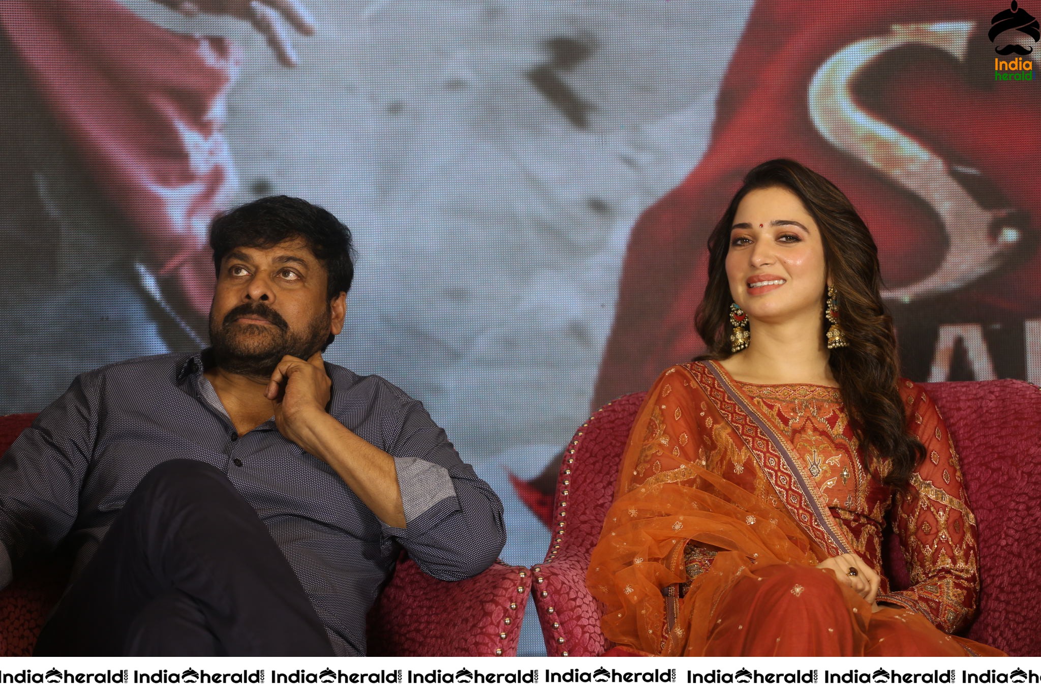 Chiranjeevi Tamanna and Ram Charan from the stage of Sye Raa Thank You Meet Set 3