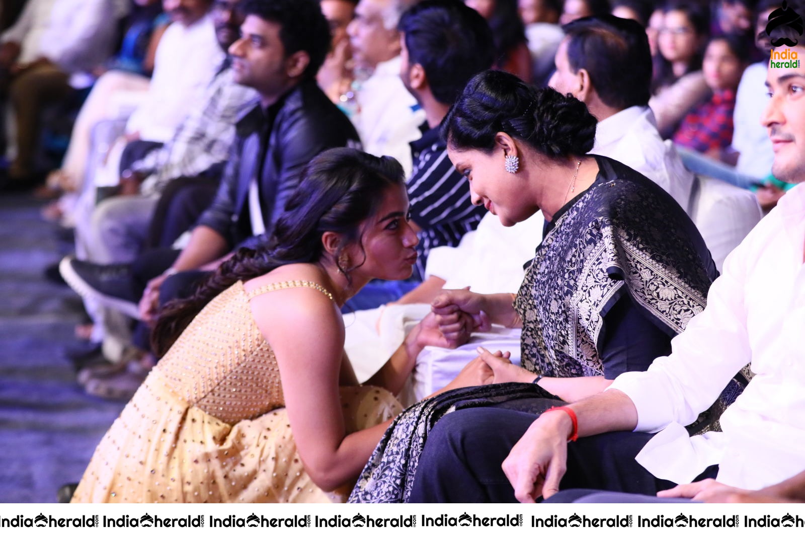 Cute Rashmika Kneels and Chats with Chiranjeevi and Vijayashanthi at the event