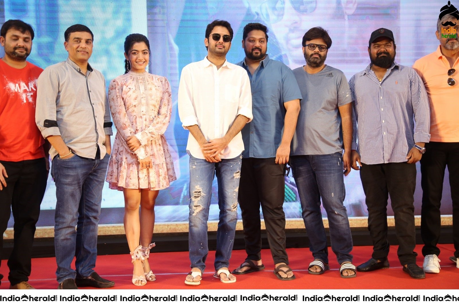 Hot Rashmika Mandanna Thigh Show with Nithiin at Bheesma Throwback Event Photos Set 5