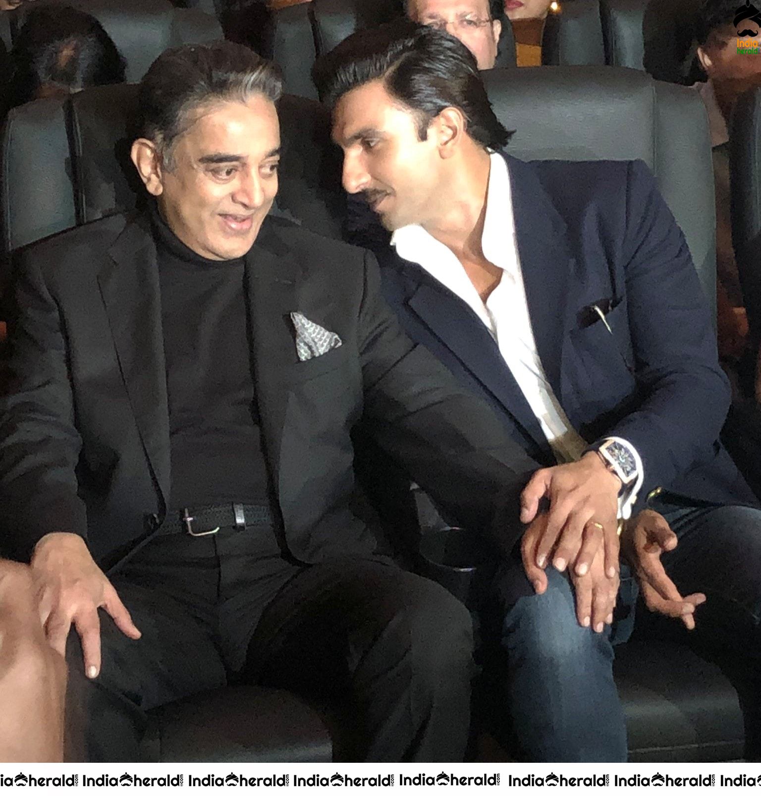 Kamal Haasan seen along with Ranveer Singh and Kapil Dev at the launch of 83