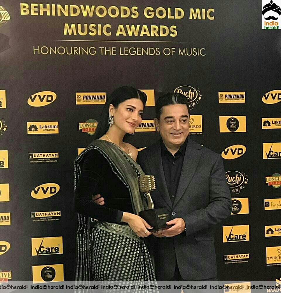 Kamal Hassan And Shruti Hassan Beautiful Stills From Behindwoods Gold Mic Music Awards 2019