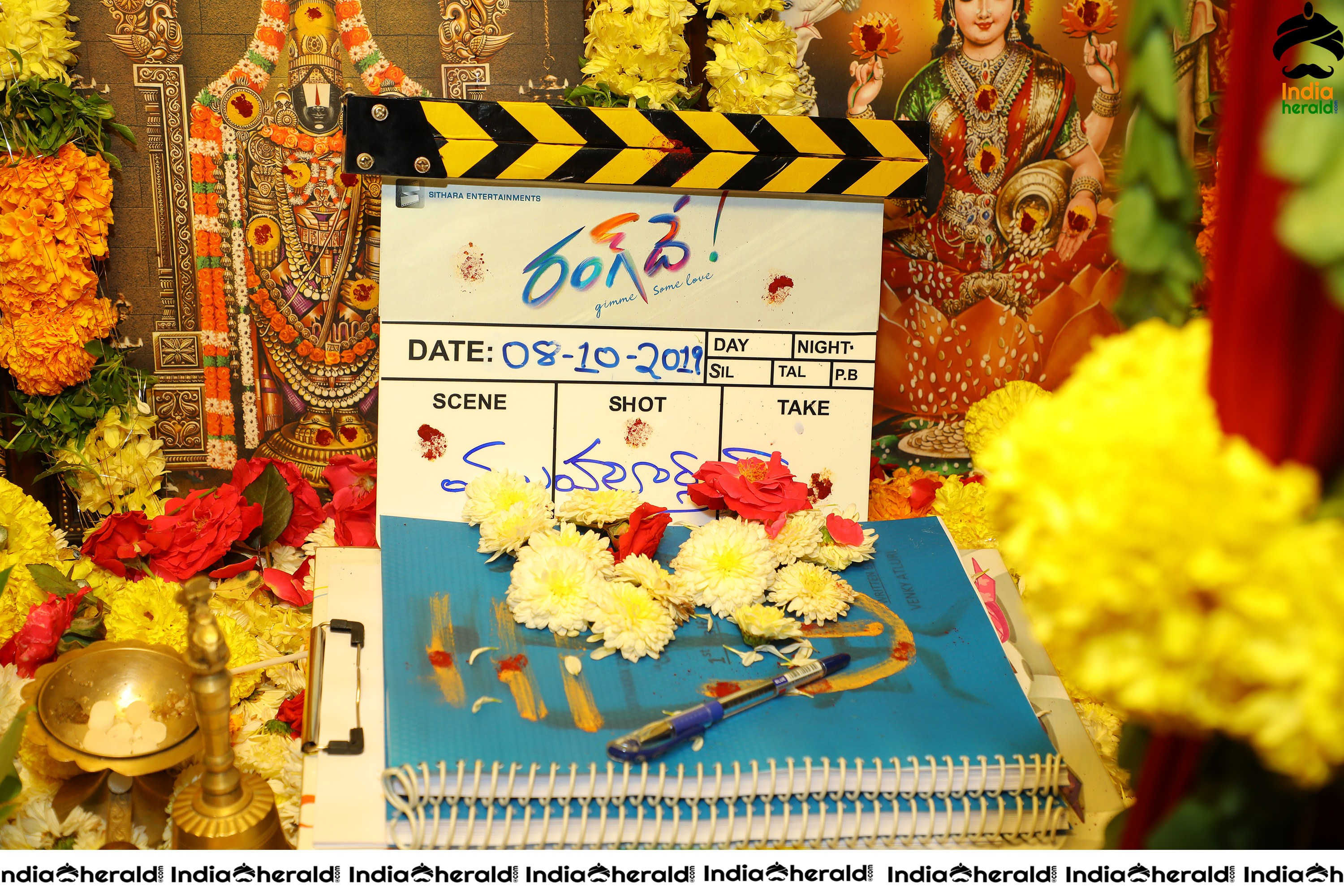 Keerthy Suresh and Nithin in Rang De Movie Pooja Stills