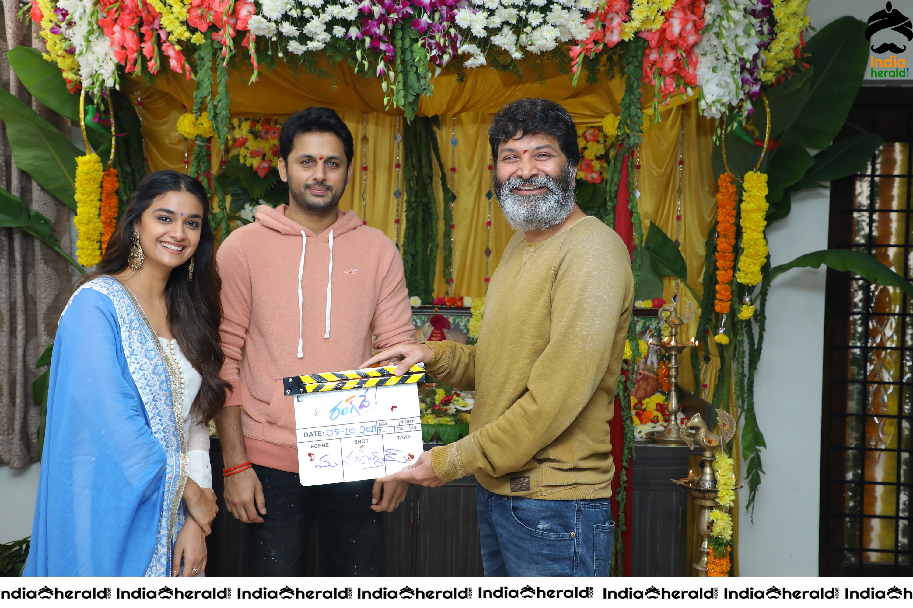 Keerthy Suresh and Nithin in Rang De Movie Pooja Stills