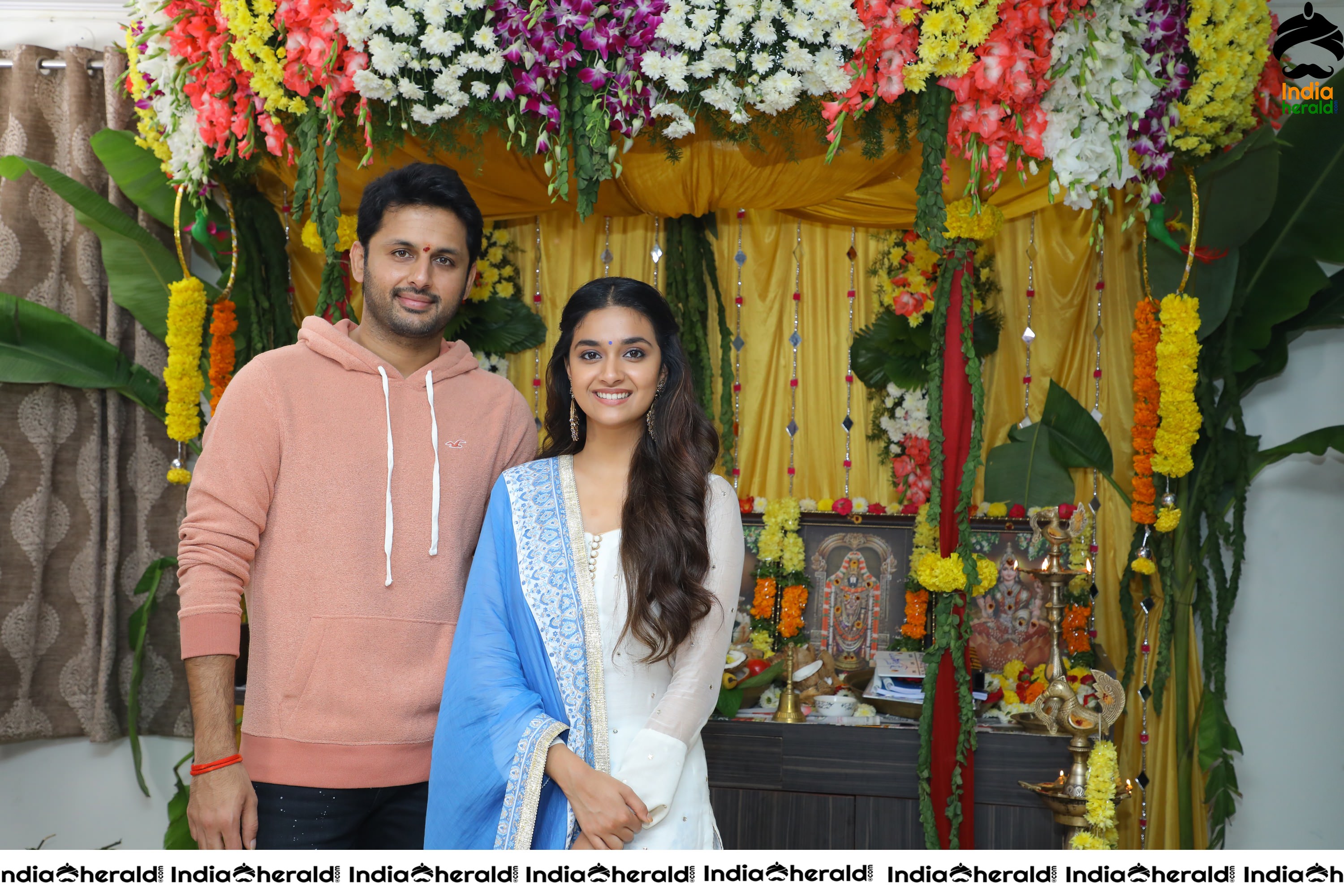 Keerthy Suresh and Nithin in Rang De Movie Pooja Stills