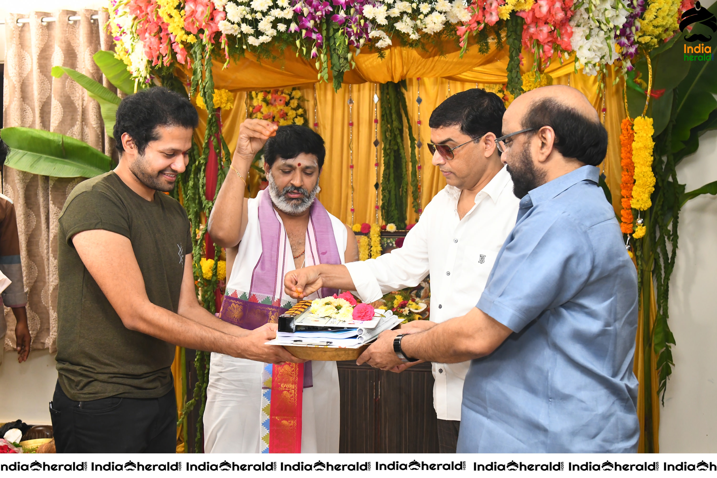 Keerthy Suresh and Nithin in Rang De Movie Pooja Stills