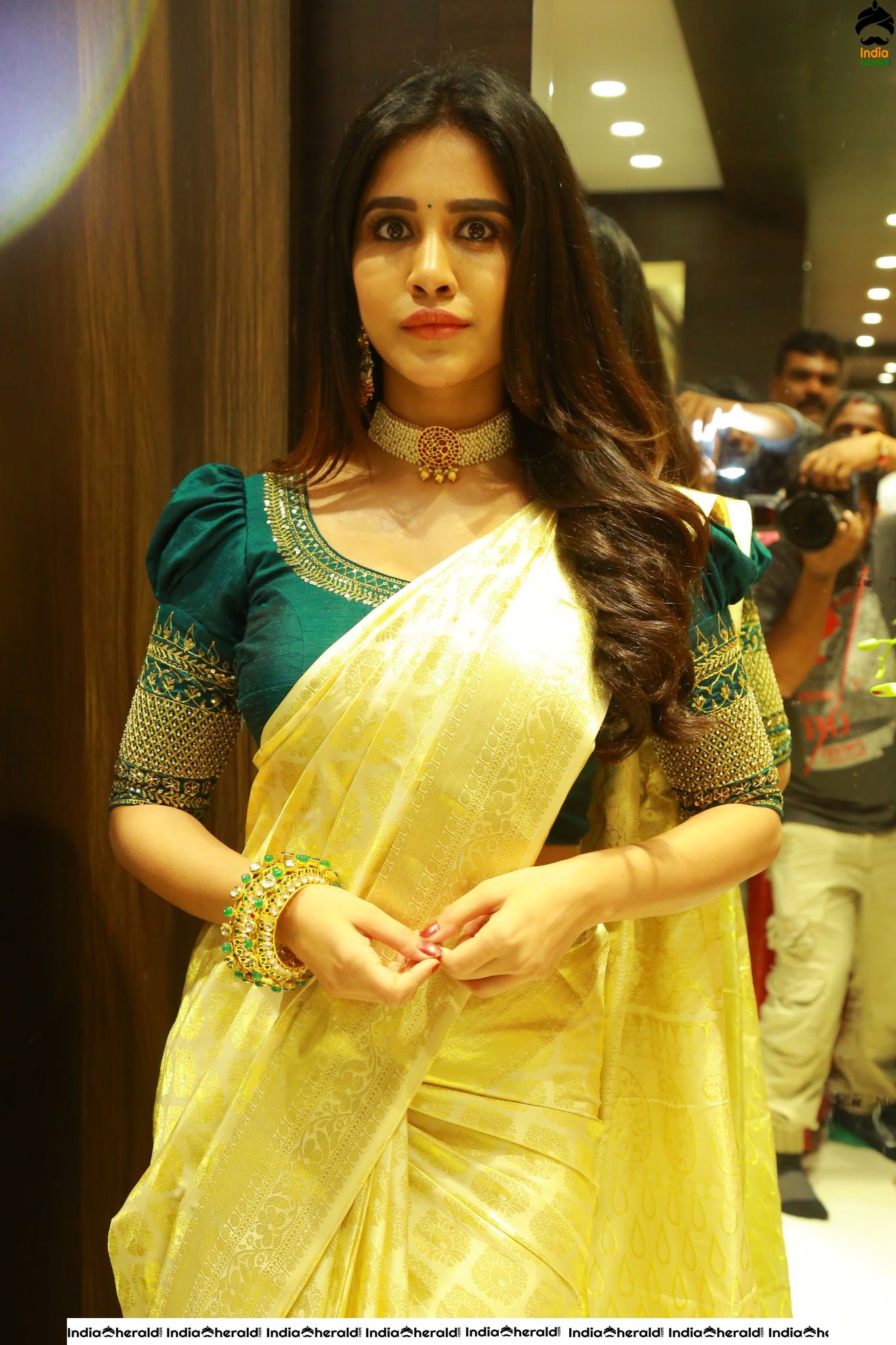 Pretty Nabha Natesh in Saree Launches Sri Kanchi Alankar Silks at Saroornagar Set 1