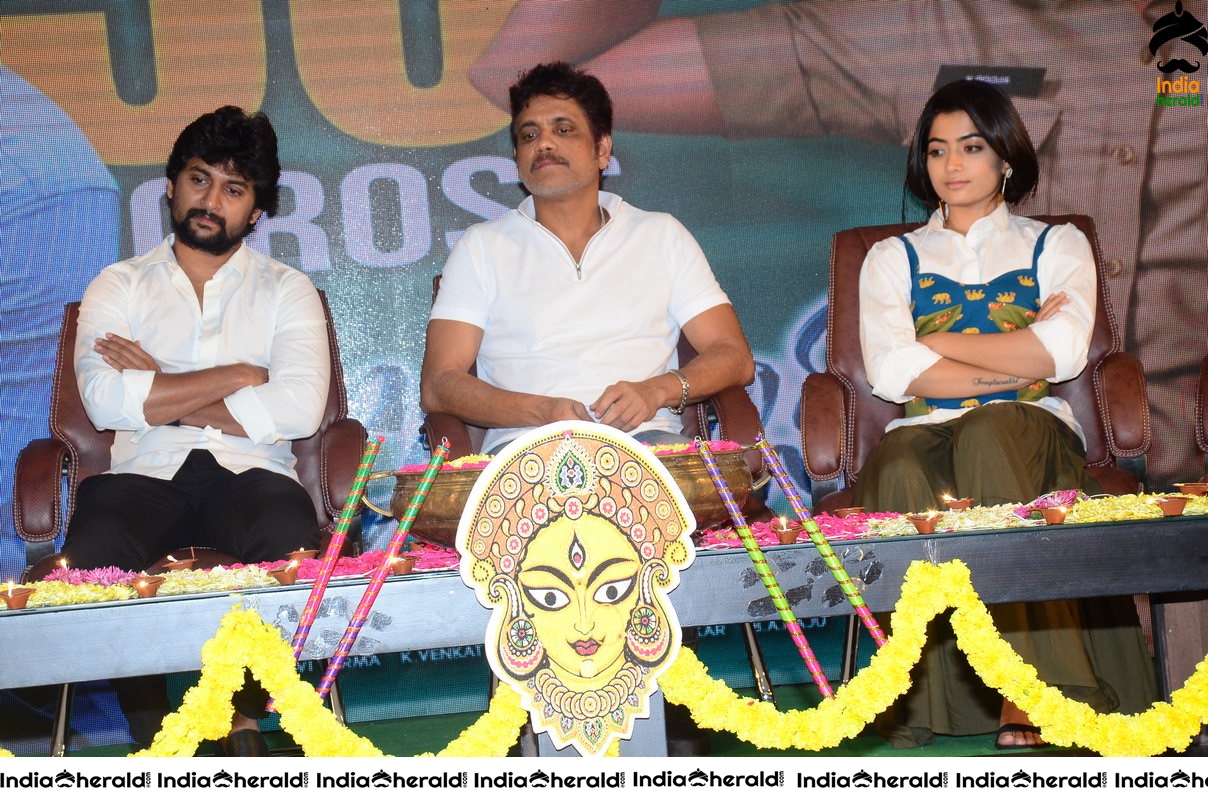 Rashmika with Nani and King Akkineni at Devadas Success Throwback Event Photos Set 2