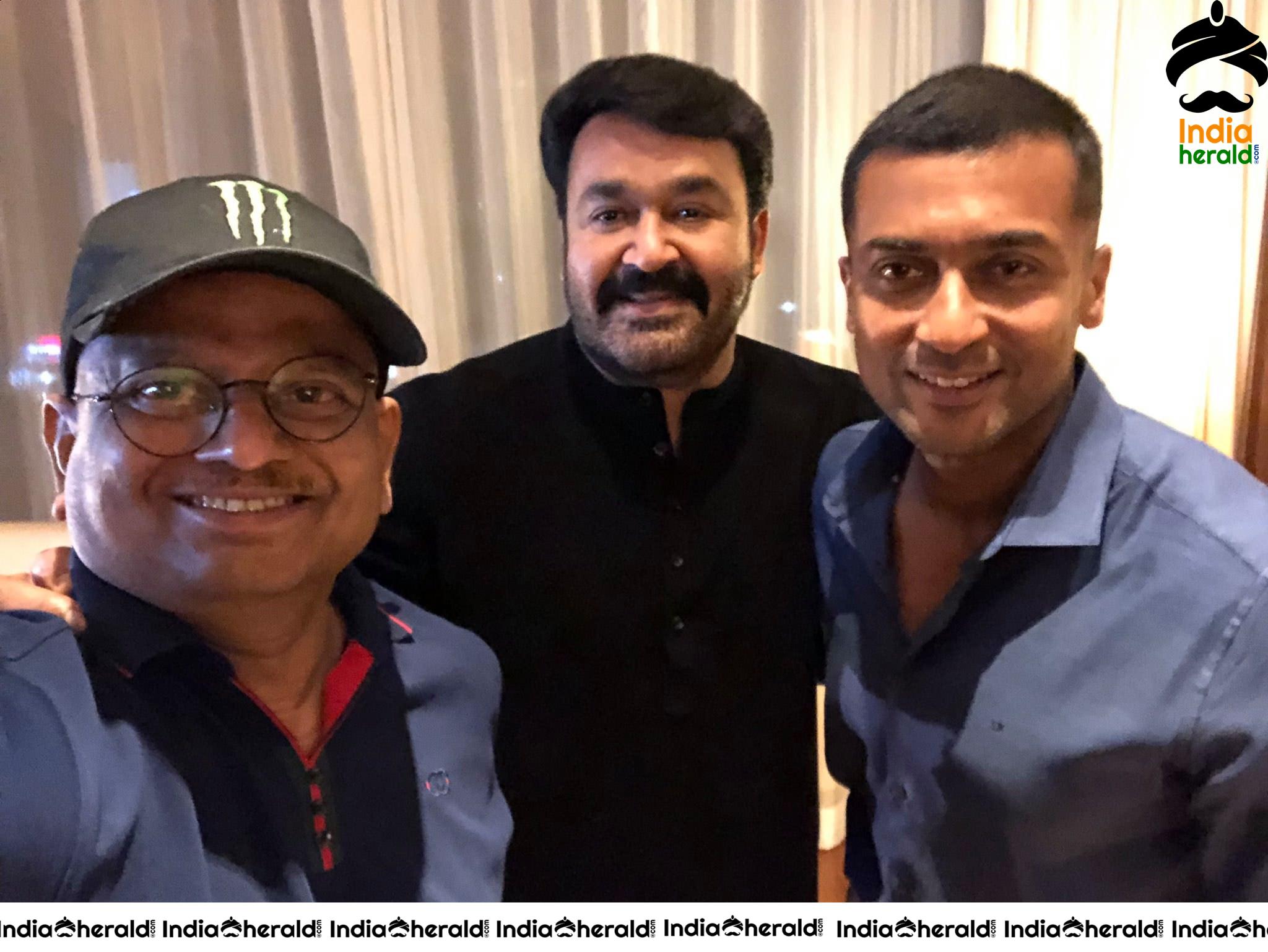 Surya And Mohanlal From The Press Meet Of Kaapaan At Kerala