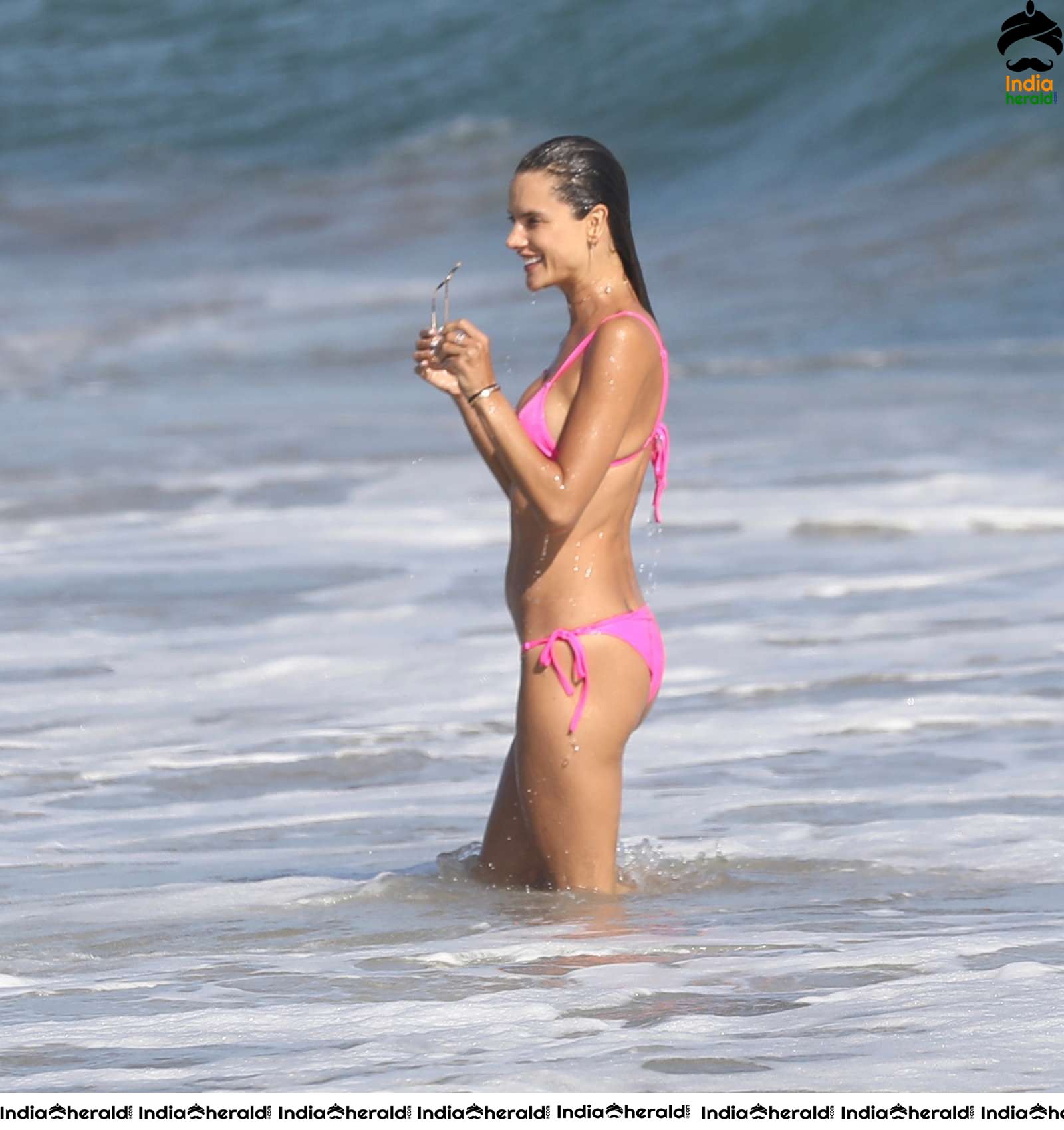 Alessandra Ambrosio Caught in Pink Bikini at the beach in Malibu Set 1