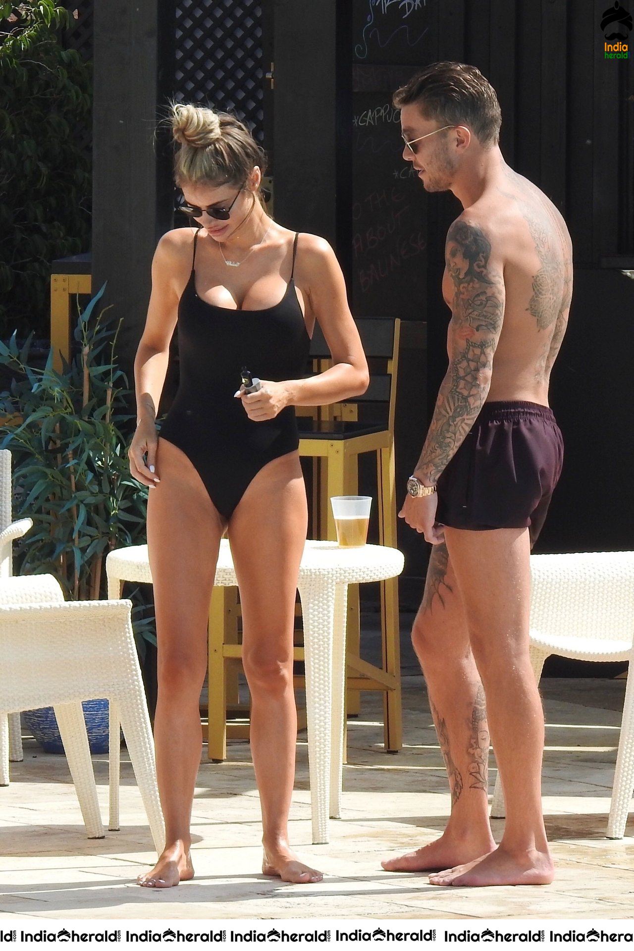 Chloe Sims in Bikini with her Boyfriend Sam Mucklow by the pool at a hotel in Marbella Set 1