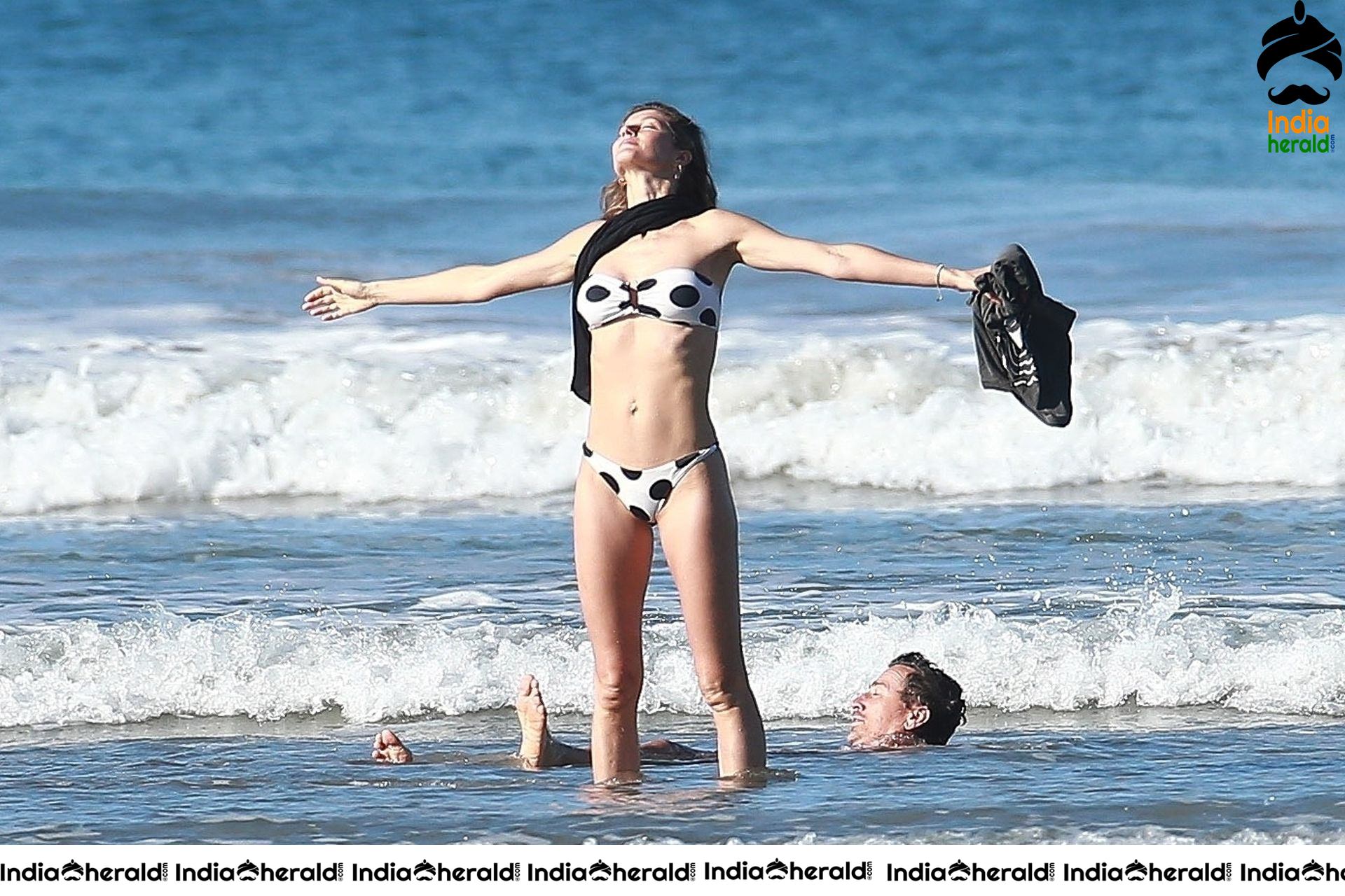 Gisele Bundchen Wearing Polka Dot Bikini White vacationing in Costa Rica