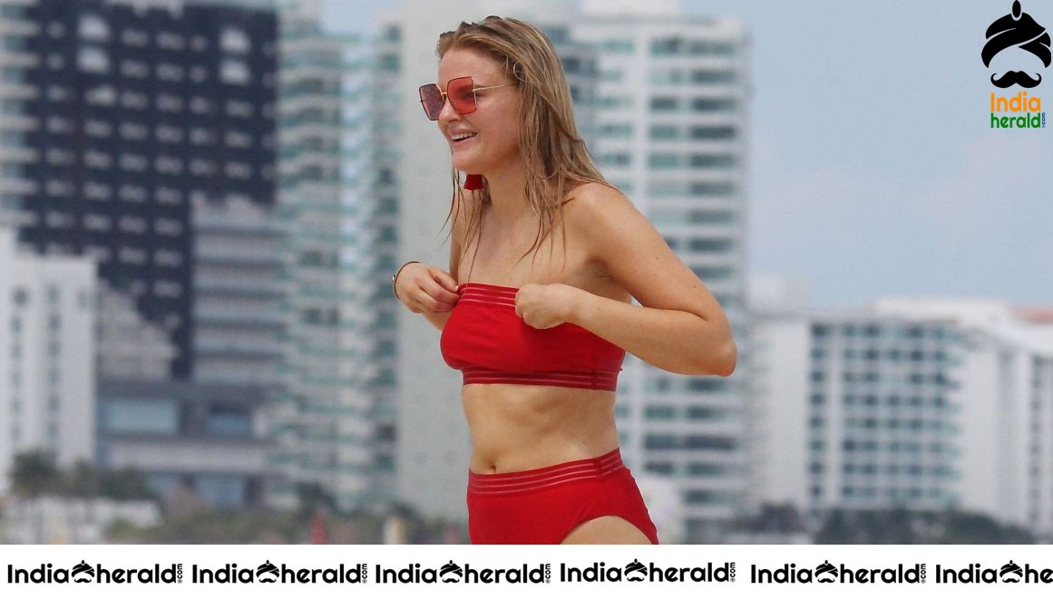 Grace Levy in a two piece red bikini while in Tulum Mexico