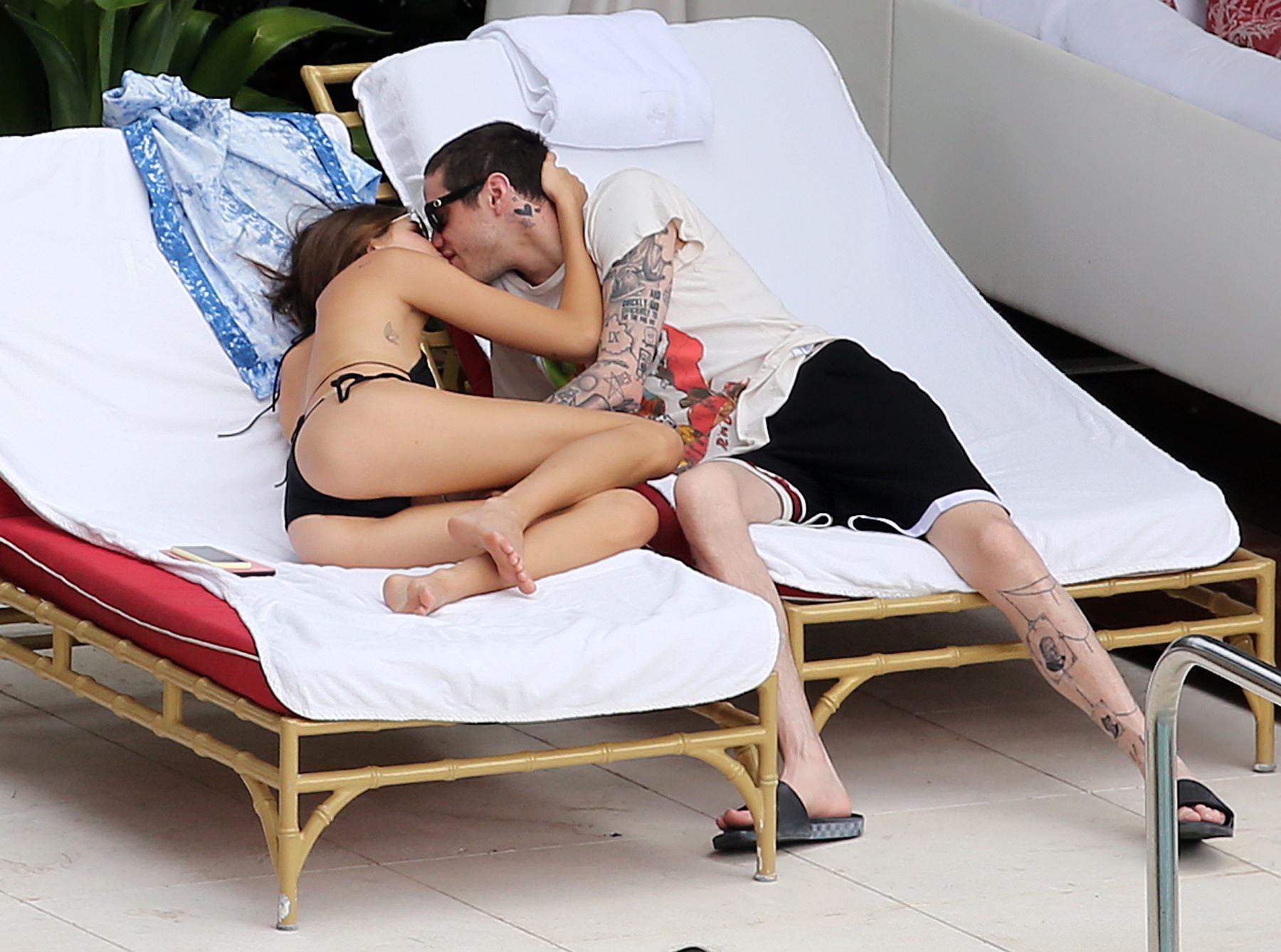 Kaia Gerber in a Black Lace Bikini by Poolside and Enjoys with Boyfriend Set 1