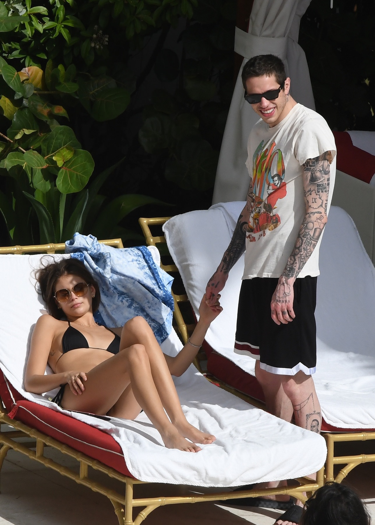 Kaia Gerber in a Black Lace Bikini by Poolside and Enjoys with Boyfriend Set 2