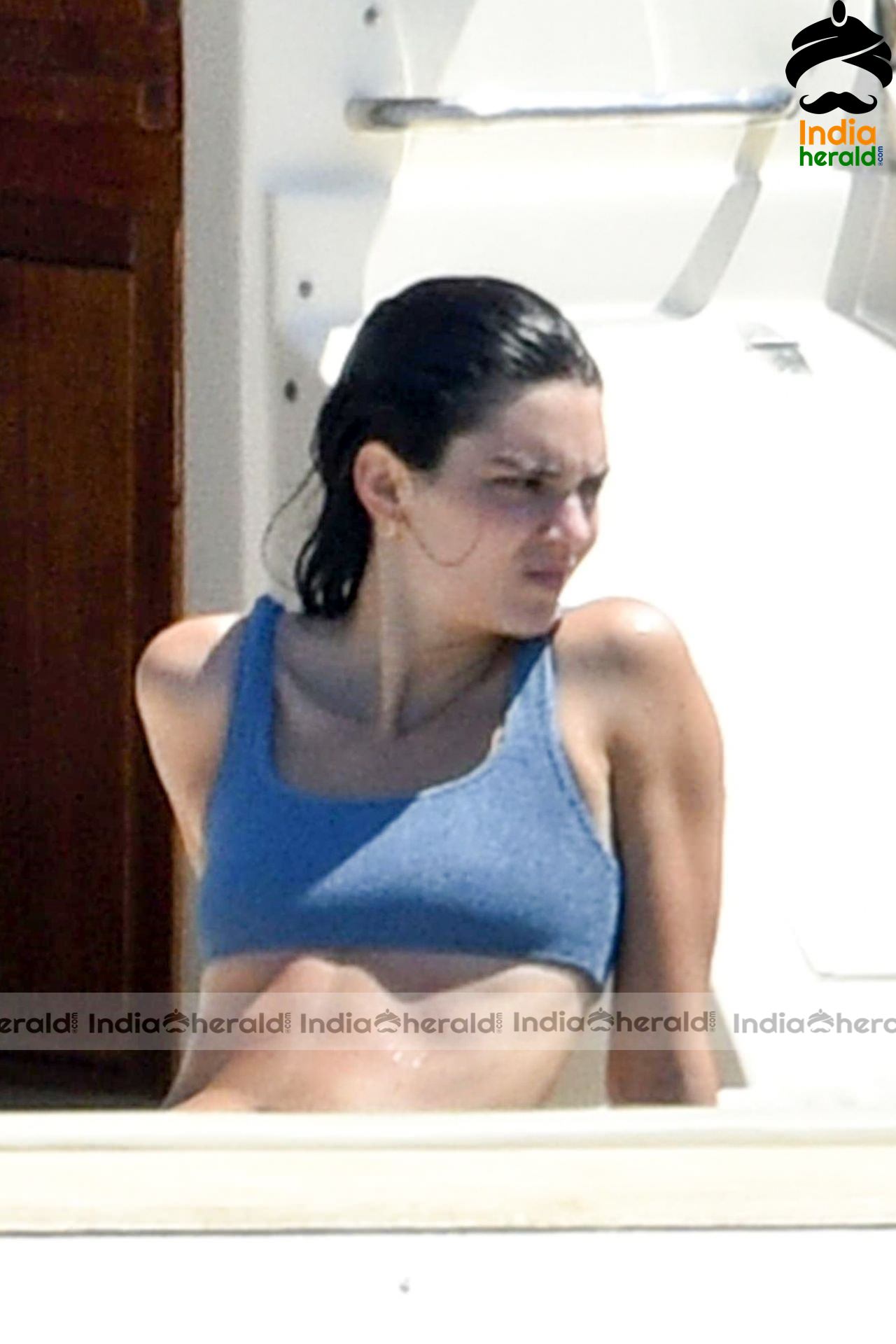 Kendall Jenner Blue Bikini candids on a yacht in Corsica