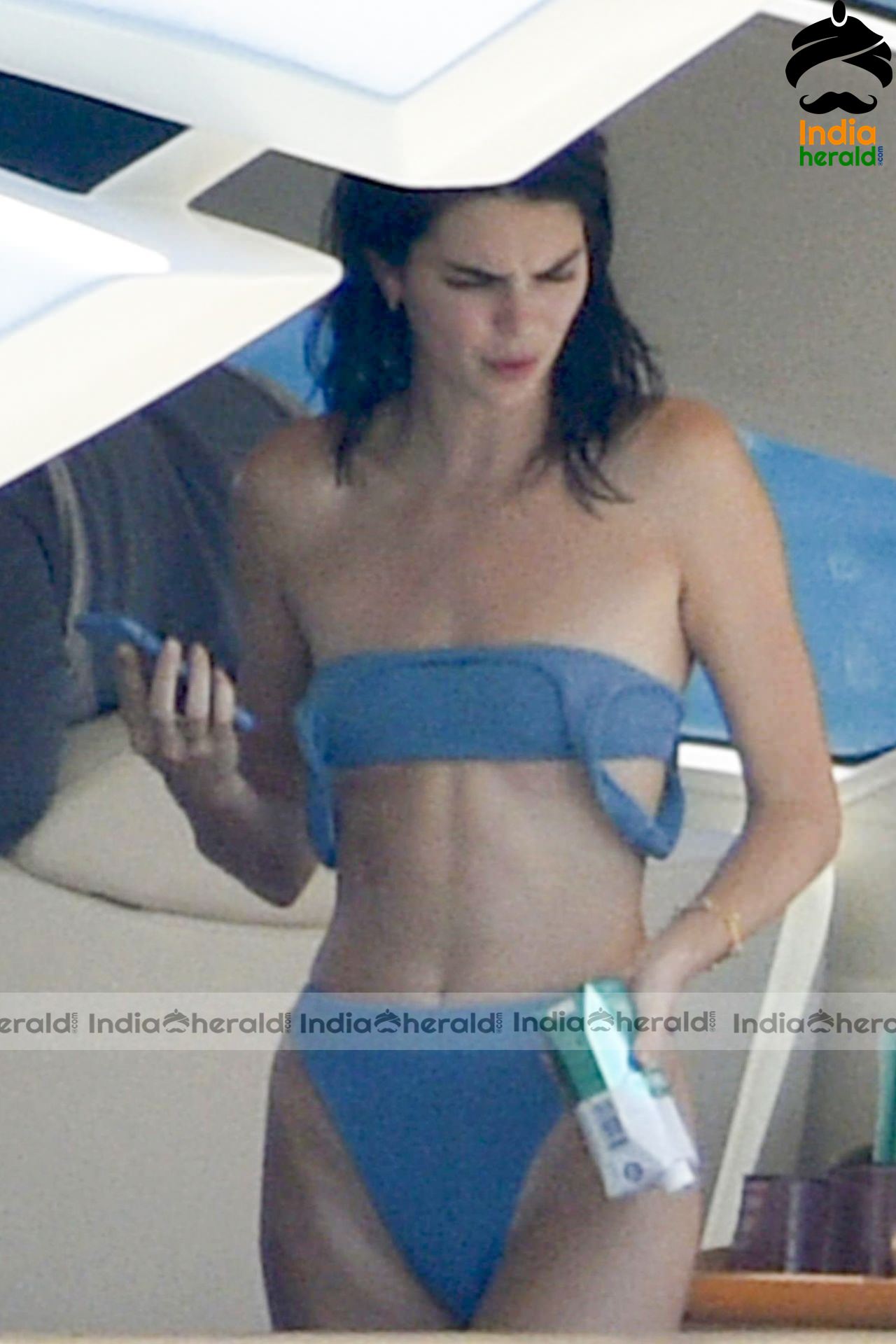 Kendall Jenner Blue Bikini candids on a yacht in Corsica