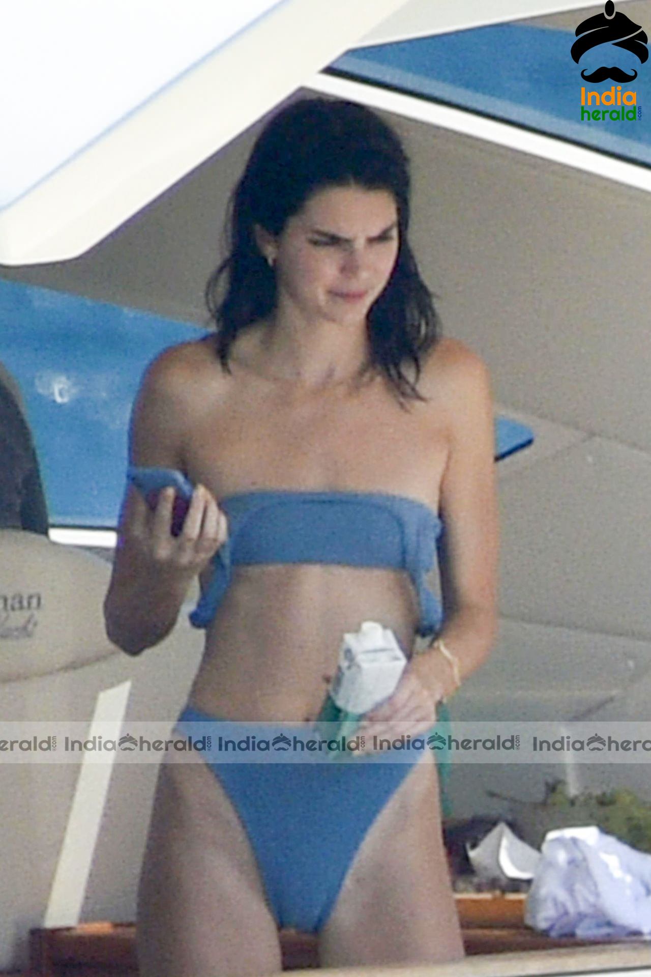 Kendall Jenner Blue Bikini candids on a yacht in Corsica