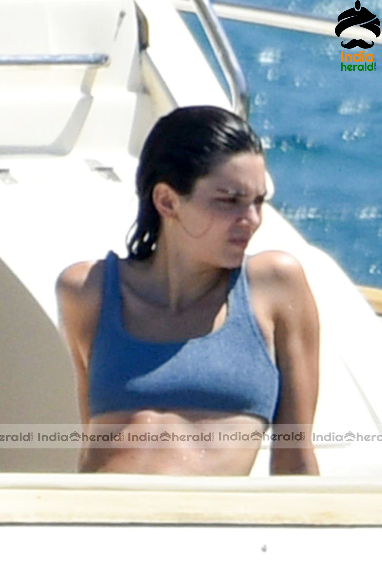 Kendall Jenner Blue Bikini candids on a yacht in Corsica