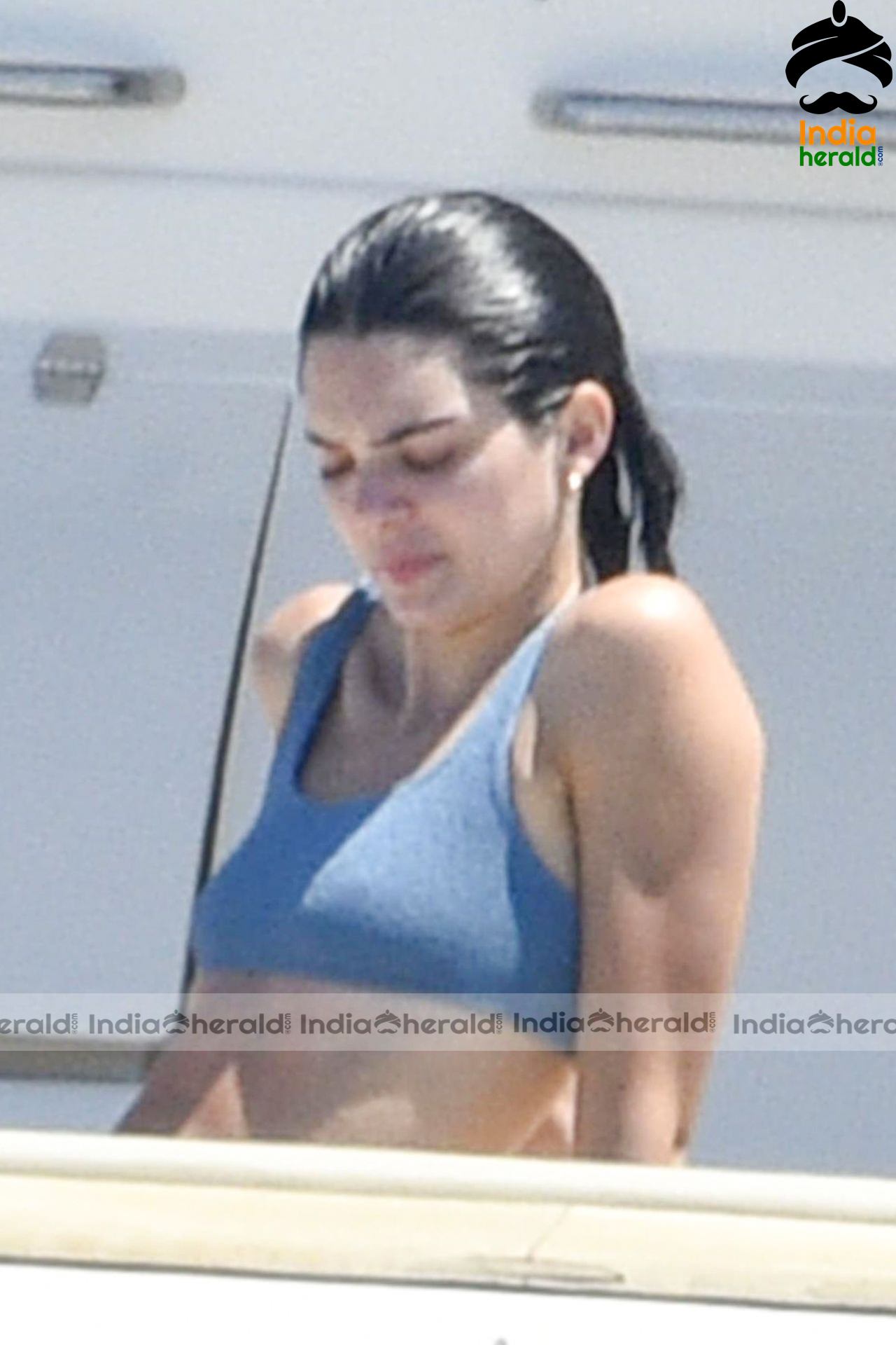 Kendall Jenner Blue Bikini candids on a yacht in Corsica