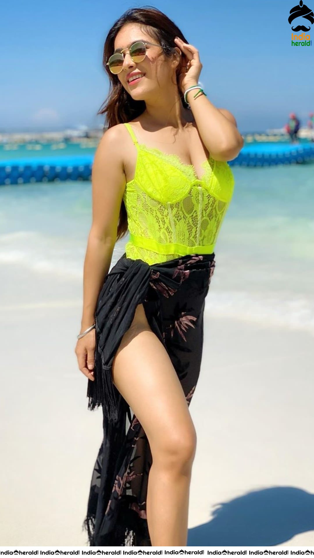 Neha Malik Hot Tempting Photos in Fluorescent Bikini by Beach Side Set 1