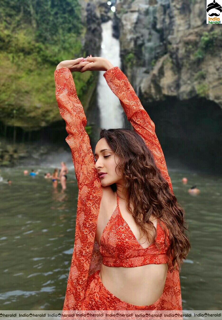 Pragya Jaiswal Wearing A Red Brassiere And Exposing During Her Vacation