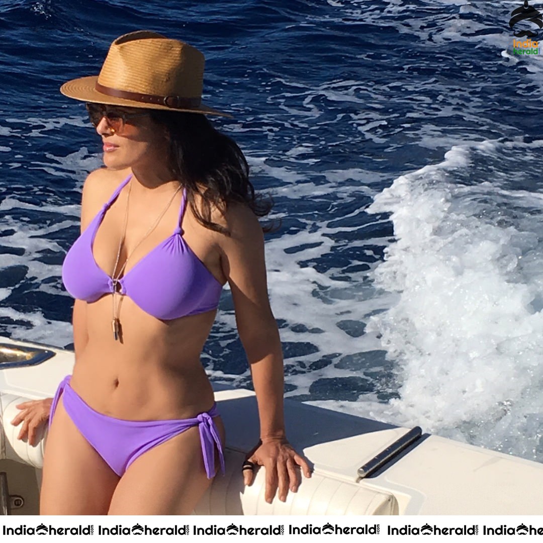 Salma Hayek Wears A Purple Bikini While Yachting