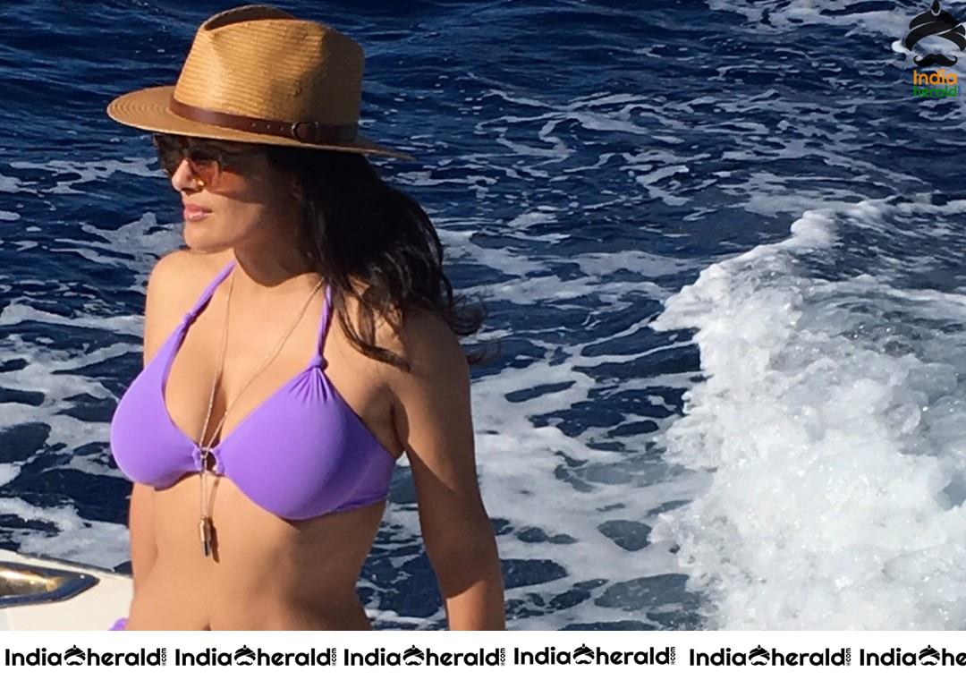 Salma Hayek Wears A Purple Bikini While Yachting