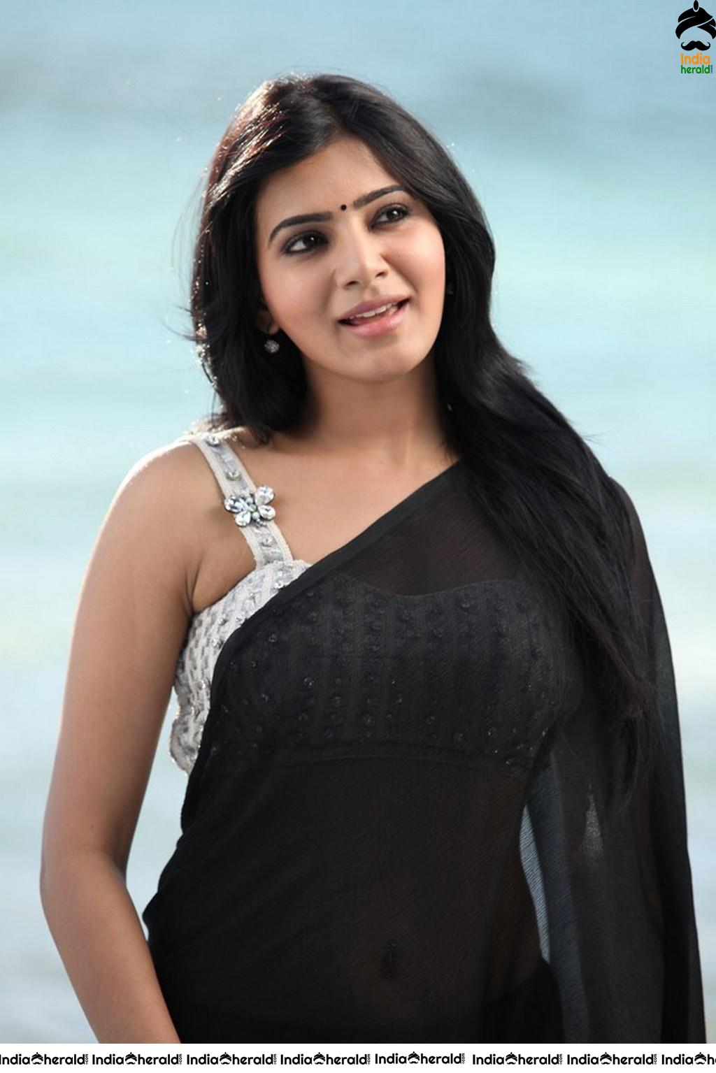 Samantha Unseen Hot Photos in Sleeveless Blouse and Black Transparent Saree Set 2