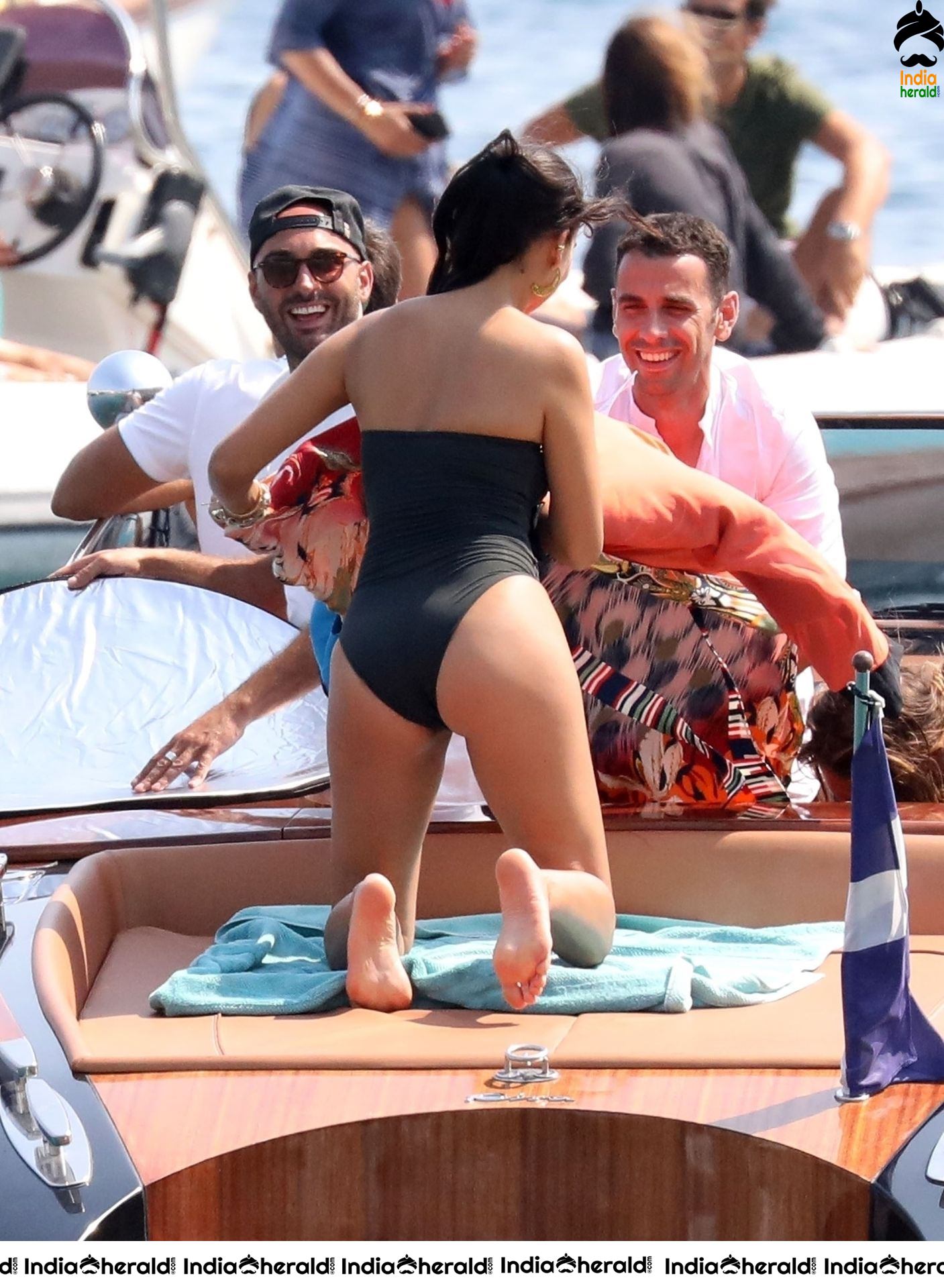 Shanina Shaik in sexy black swimsuit at Psarou Beach in Mykonos set 2