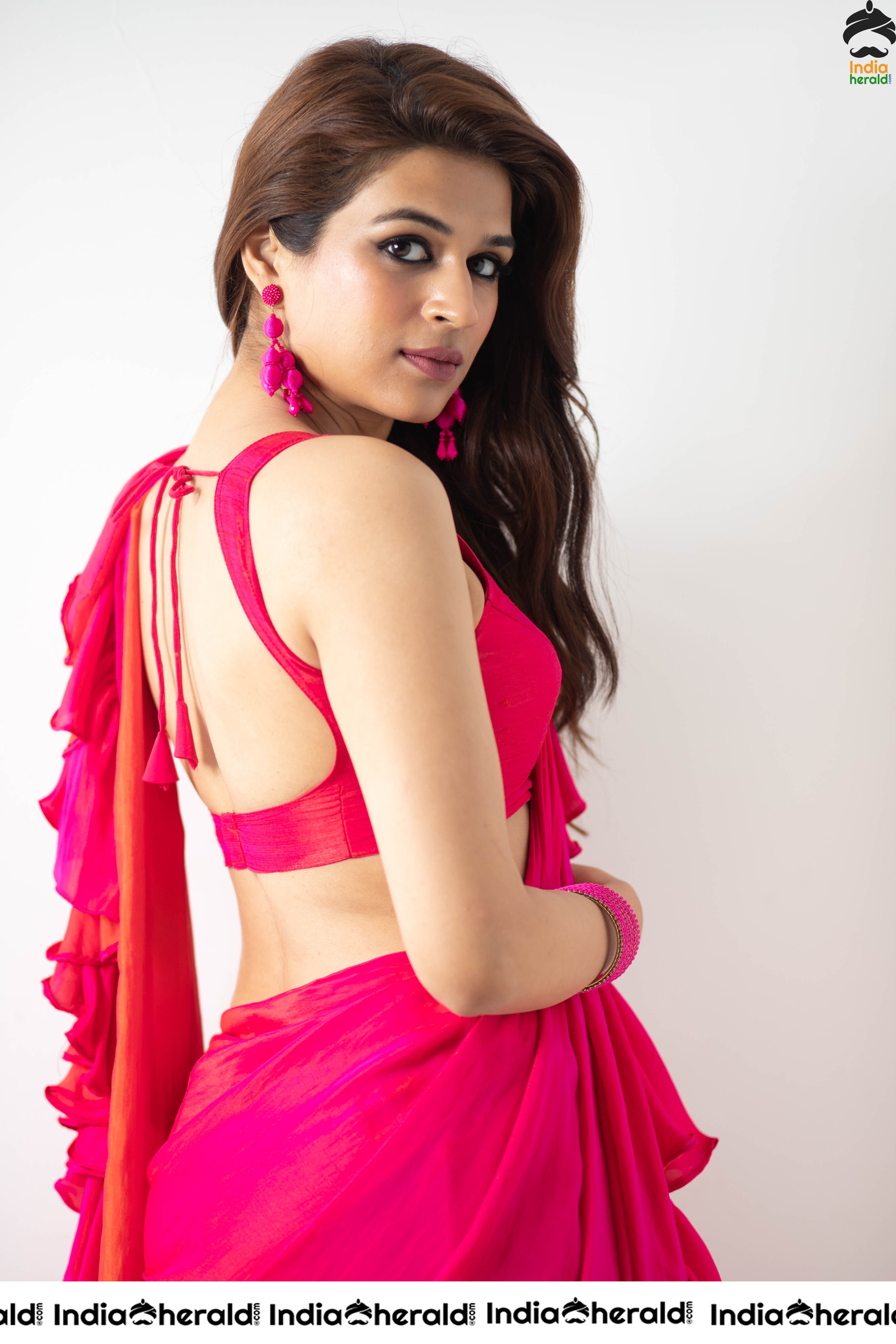 Shraddha Das Sizzling Hot in Pink Saree by Exposing her Hot Curves