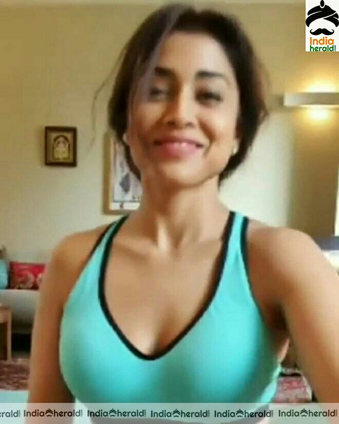 Shriya Saran flaunts her cleavage during work out