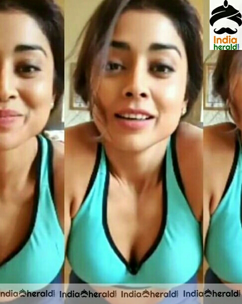 Shriya Saran flaunts her cleavage during work out