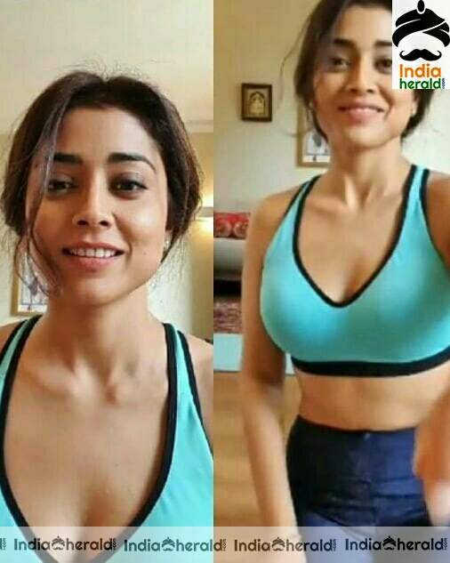 Shriya Saran flaunts her cleavage during work out