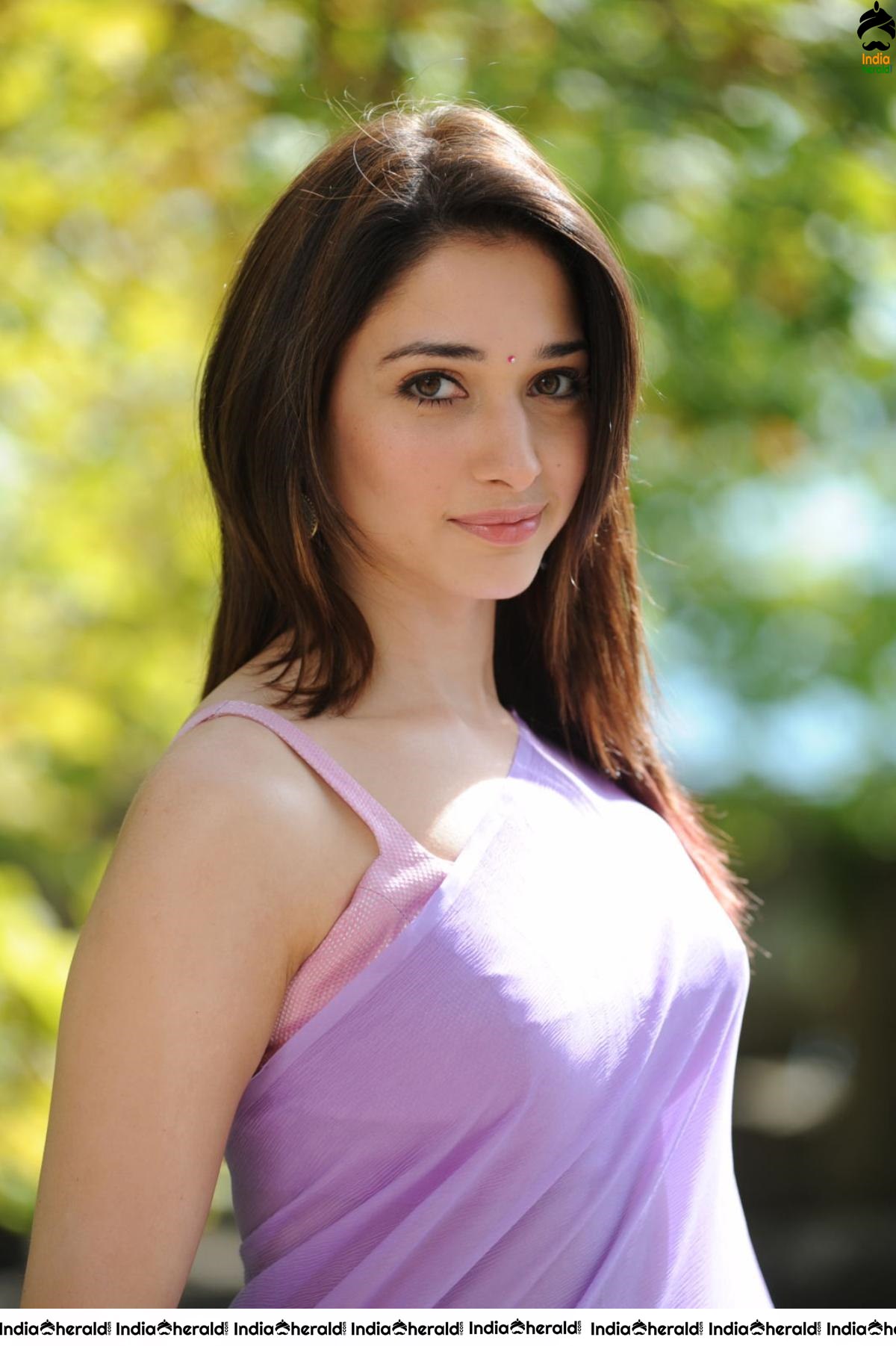 Tamanna Hot in Sleeveless Blouse and Light Colored Saree Set 1