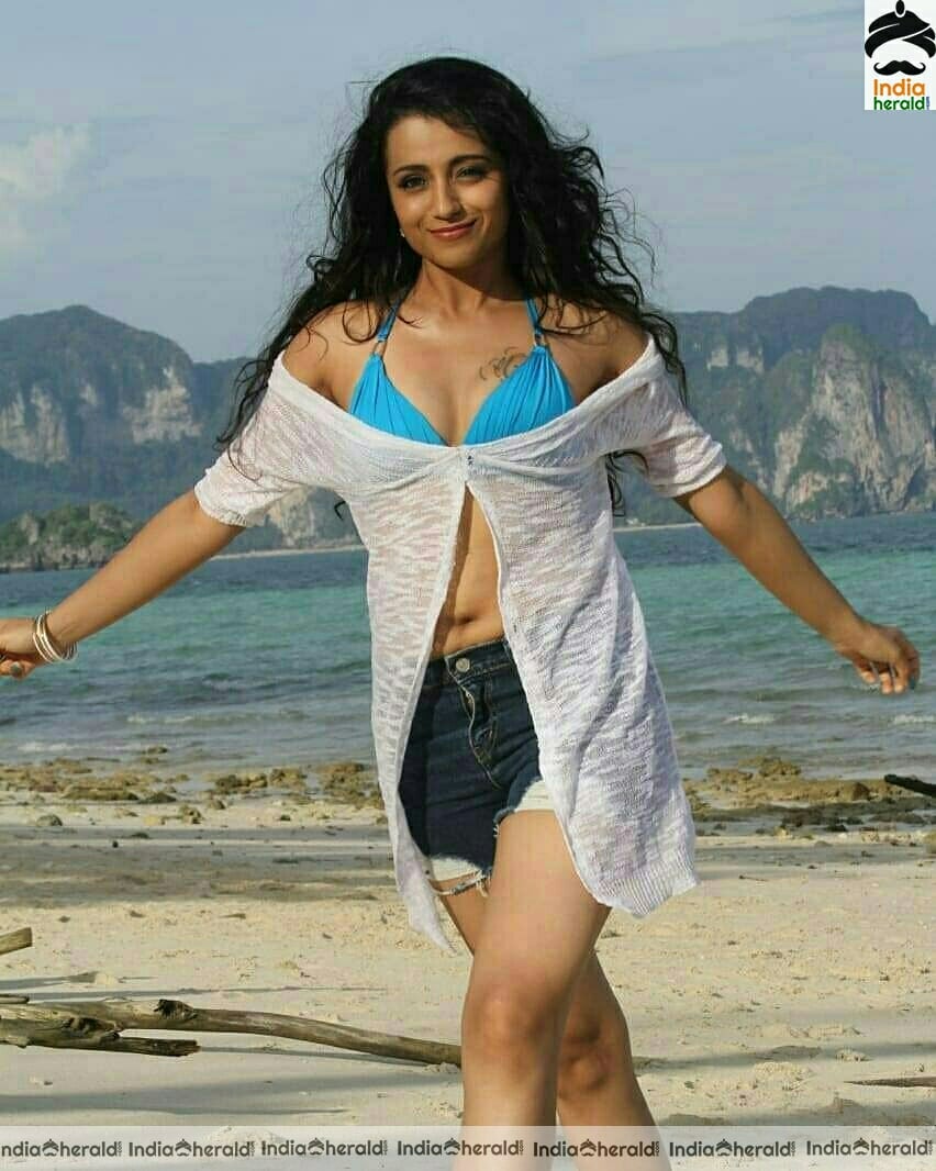 Trisha Krishnan Exposes Her Fleshy Belly And Cleavage In These Hot Bikini Photos