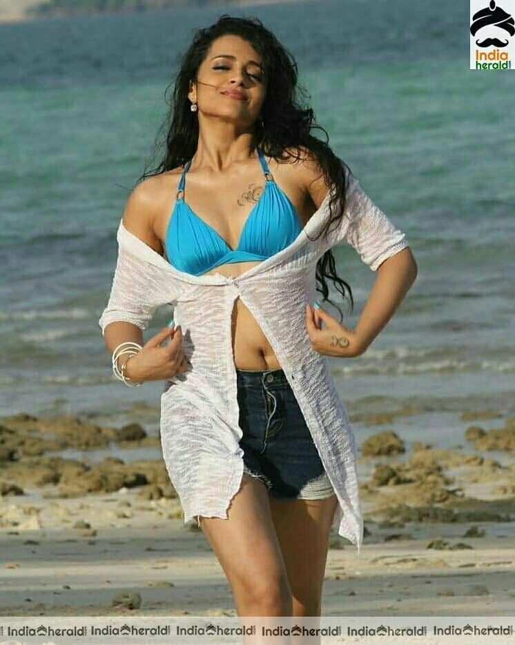 Trisha Krishnan Exposes Her Fleshy Belly And Cleavage In These Hot Bikini Photos