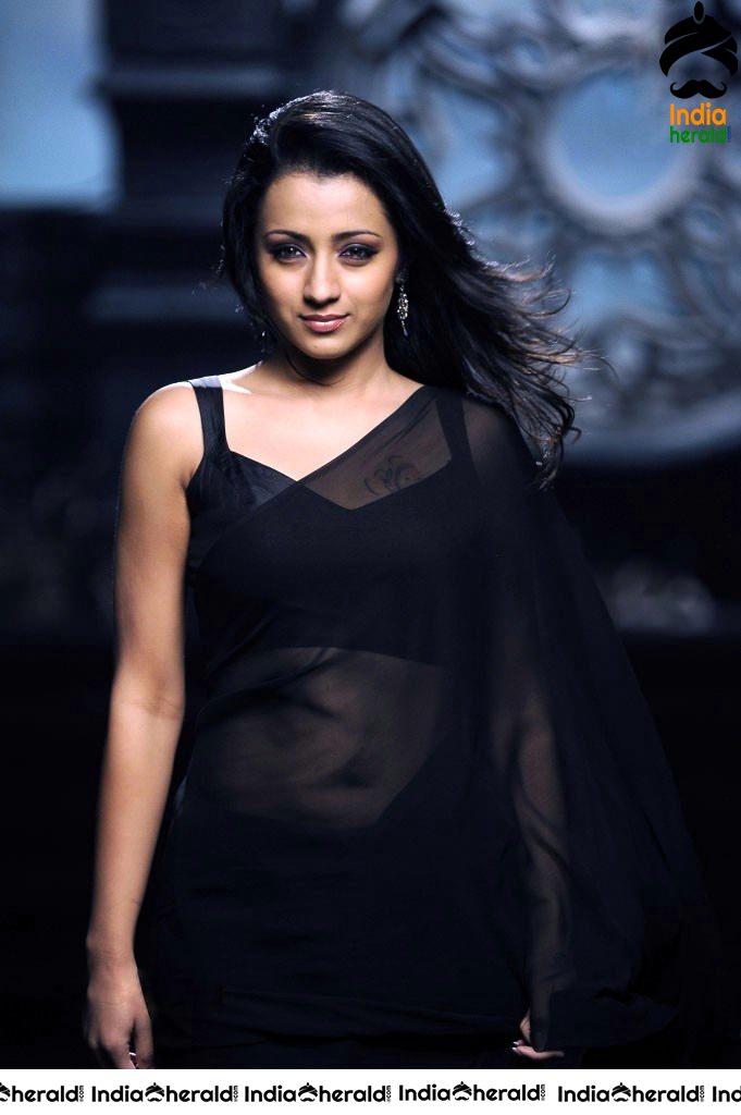 Trisha Raises the Heat by Exposing her Deep Navel in Black Transparent Saree