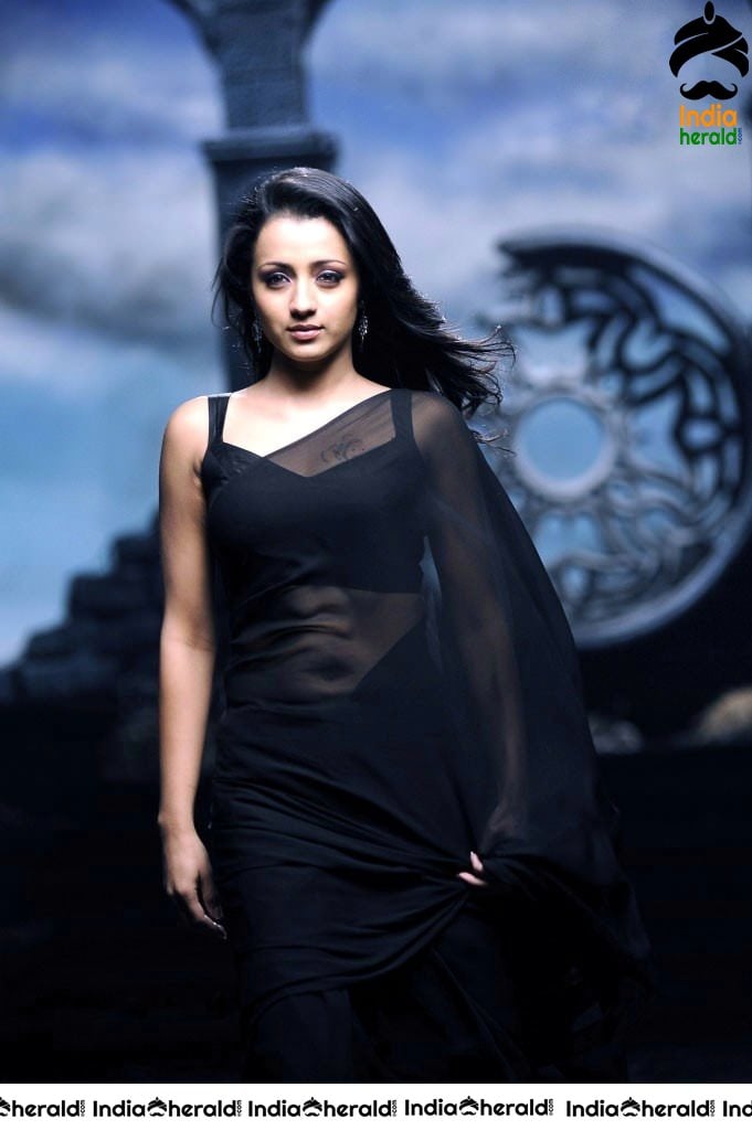 Trisha Raises the Heat by Exposing her Deep Navel in Black Transparent Saree