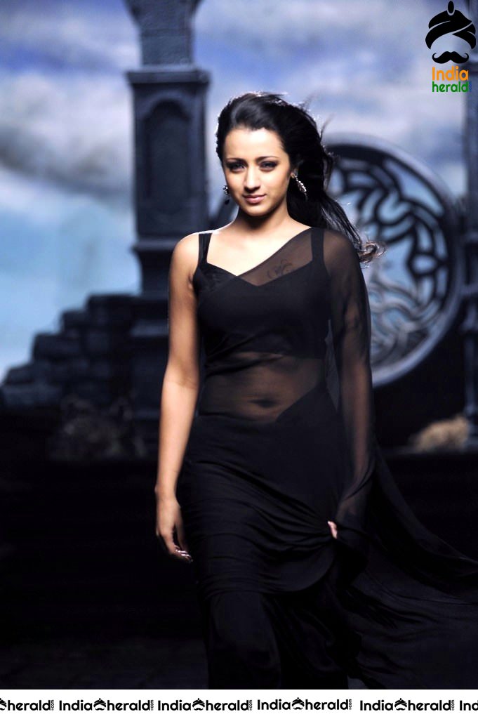 Trisha Raises the Heat by Exposing her Deep Navel in Black Transparent Saree