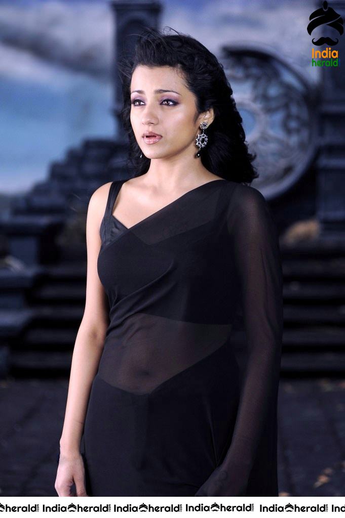 Trisha Raises the Heat by Exposing her Deep Navel in Black Transparent Saree