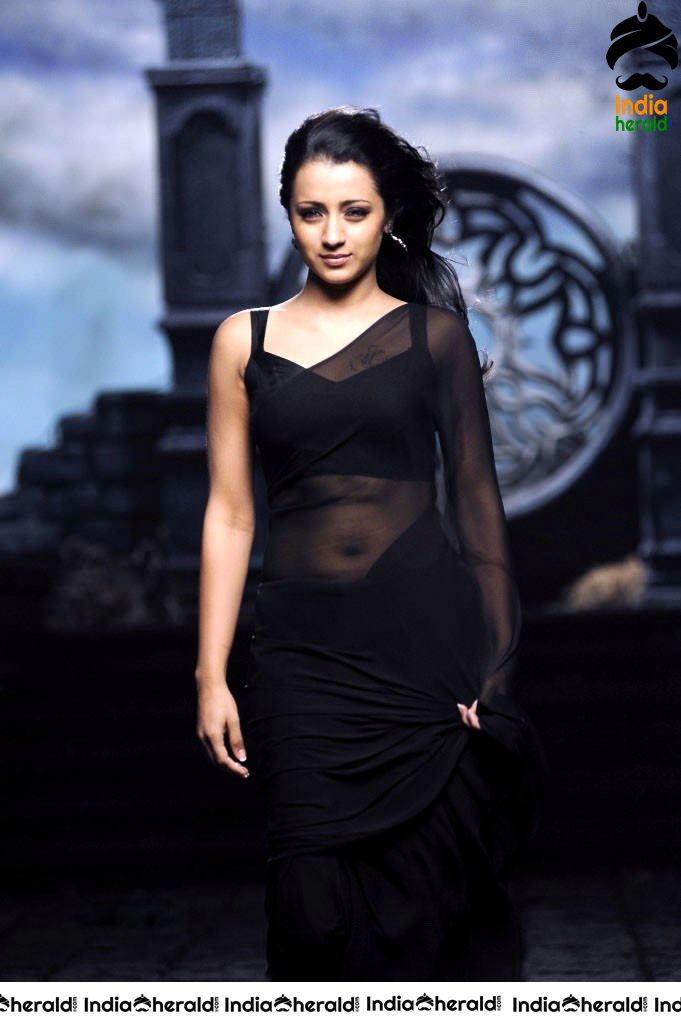 Trisha Raises the Heat by Exposing her Deep Navel in Black Transparent Saree