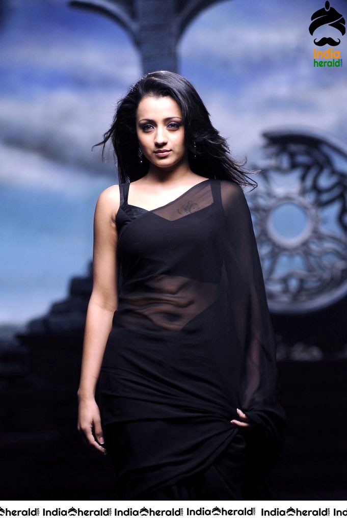 Trisha Raises the Heat by Exposing her Deep Navel in Black Transparent Saree