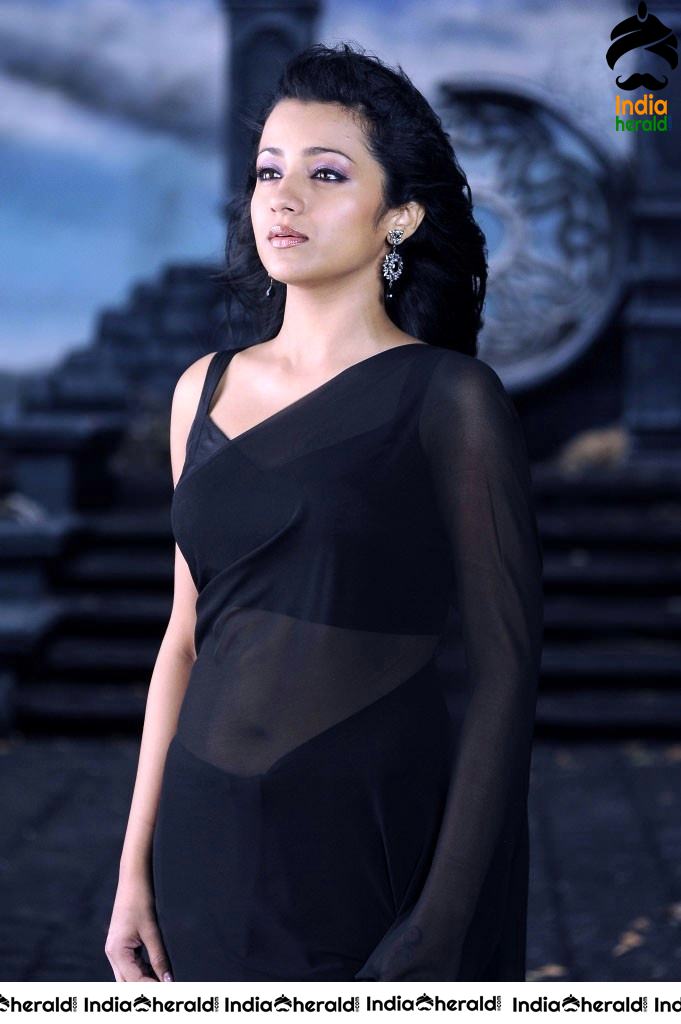 Trisha Raises the Heat by Exposing her Deep Navel in Black Transparent Saree