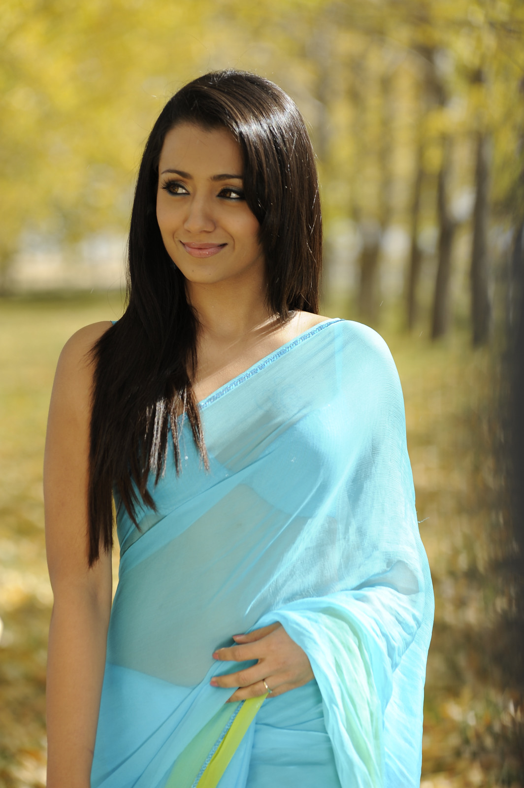 When Trisha wore a Sky Blue Transparent Saree and exposes her Assets Set 1