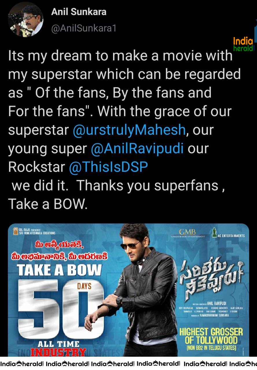 SARILERU NEEKEVVARU 50 DAYS POSTERS and TWEETS