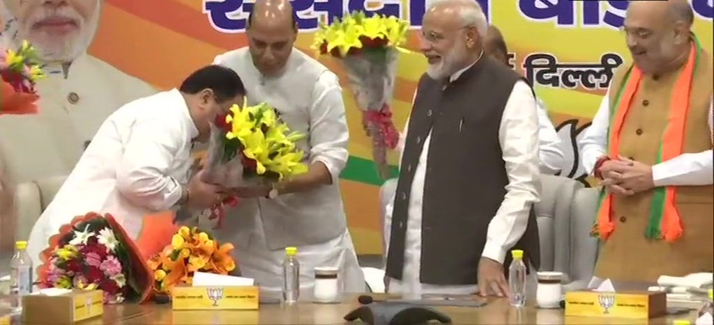 Senior BJP Leaders Present Bouquets To JP Nadda At The BJP Parliamentary Board Meeting