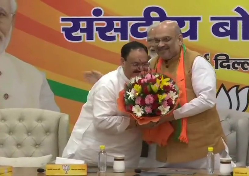 Senior BJP Leaders Present Bouquets To JP Nadda At The BJP Parliamentary Board Meeting