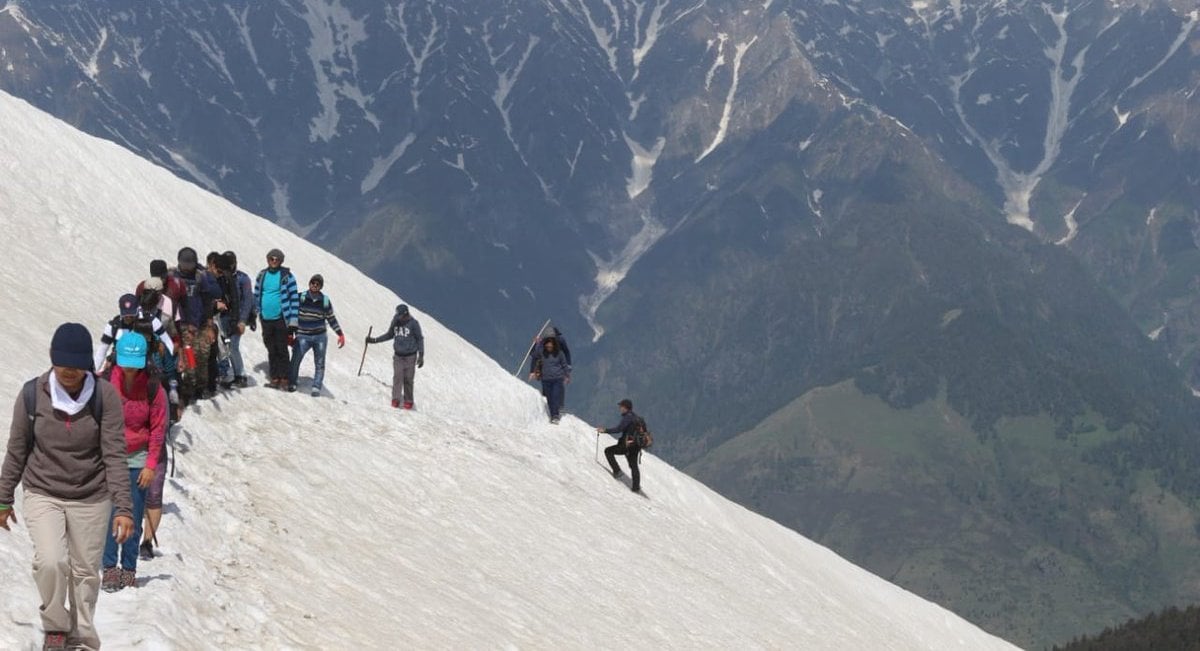 Tourists Enjoy Snow Clad Mountains Near The Frozen Bhrigu Lake